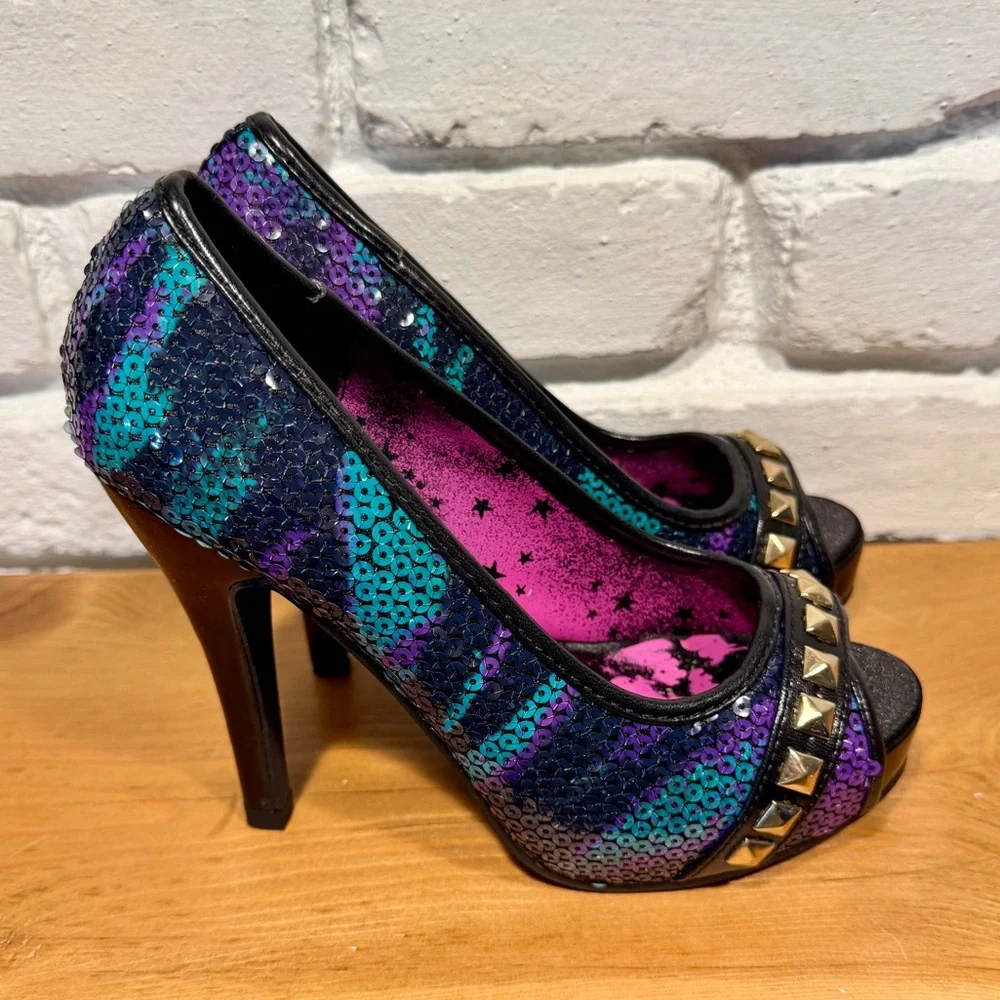 Iron Fist Sequin Platform Heels Purple Turquoise Studded Peep Toe Pumps Size 5